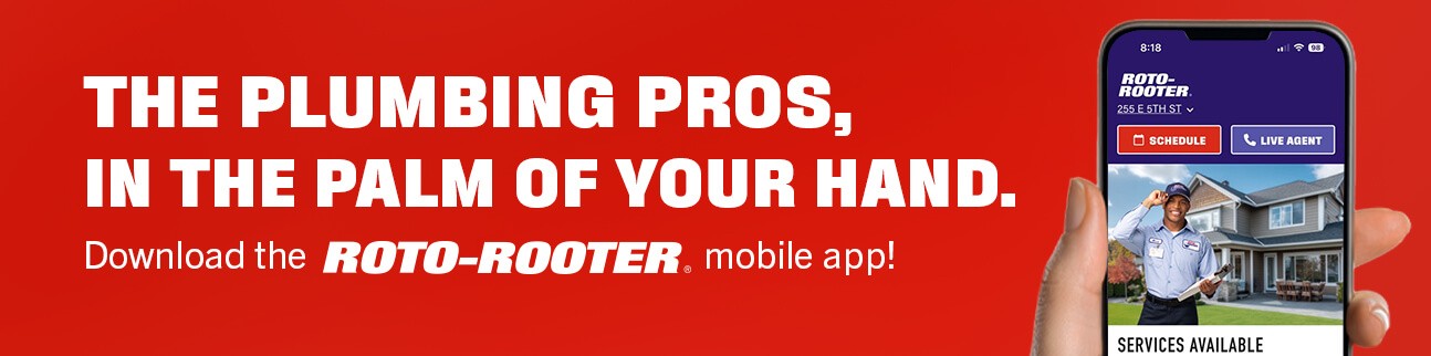 Hand holding phone to show Roto-Rooter mobile app welcome screen