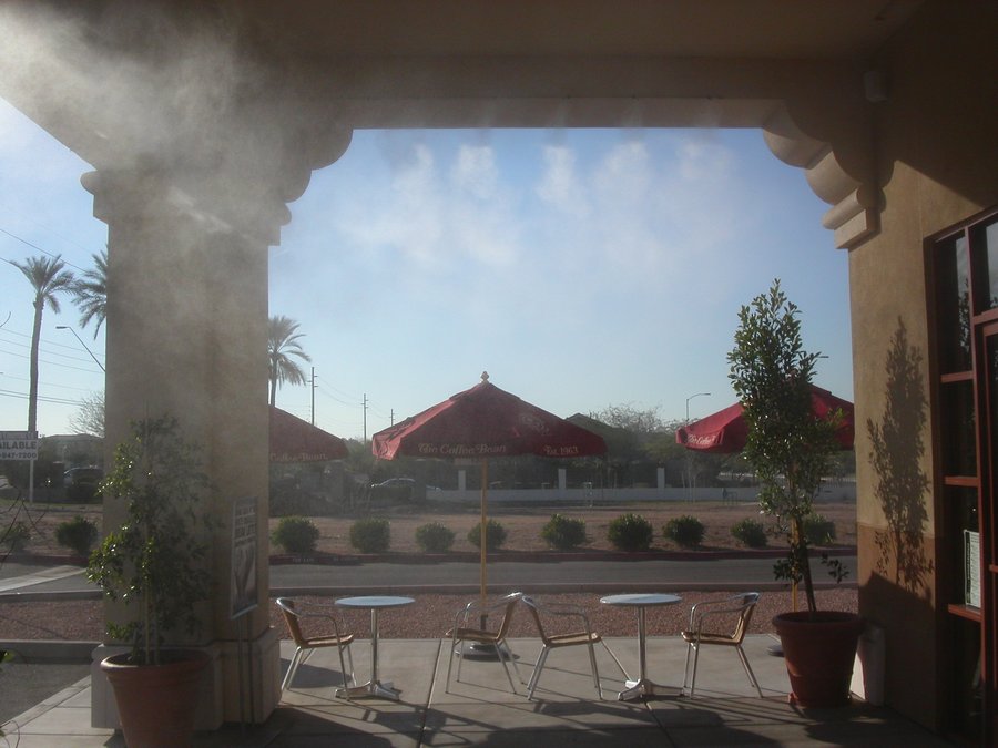 Outdoor misting system cooling a commercial patio space in Glendale