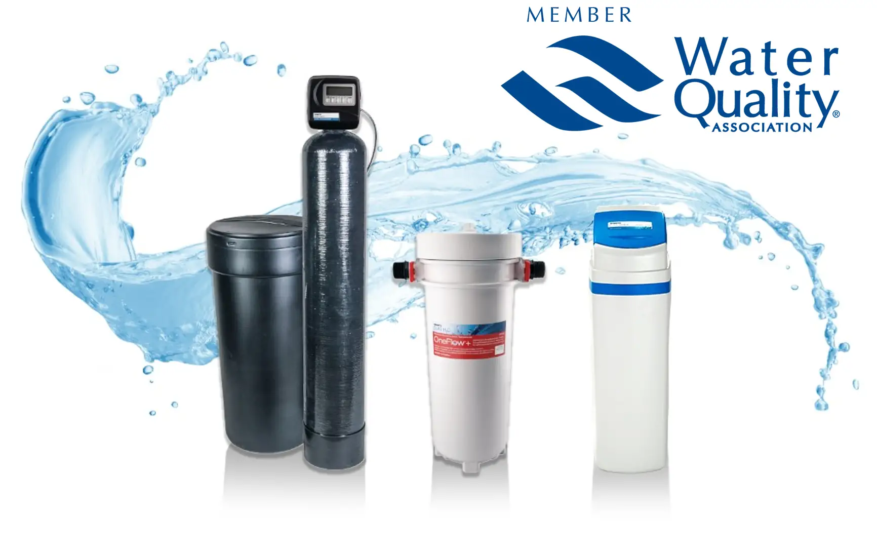 Lineup of Roto-Rooter water softening and anti-scale products with water swoosh